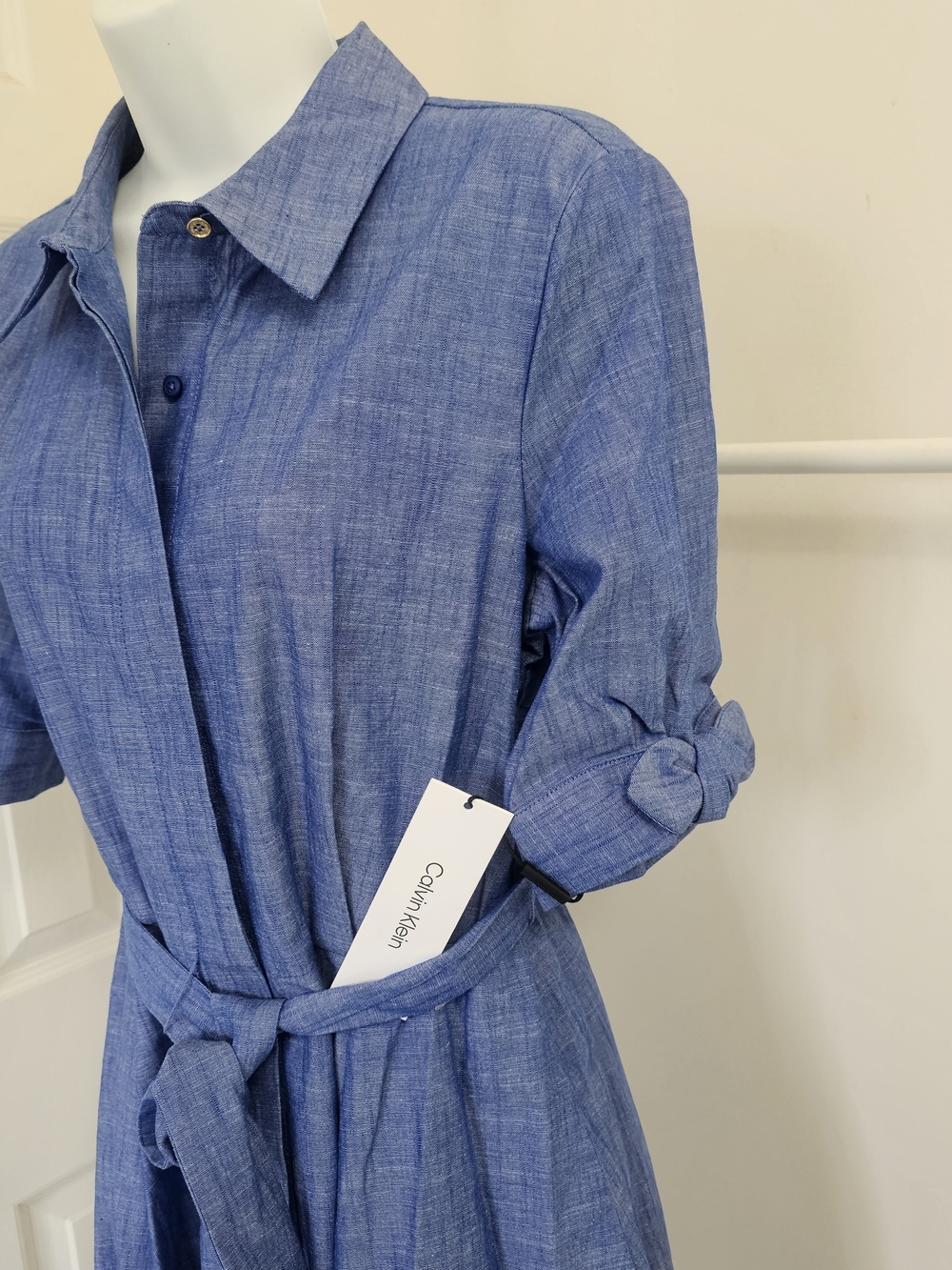 NWT - Summer Calvin Klein Blue Shirt-Waist Tie Midi Dress, Size US 8 - Picture 3 of 11